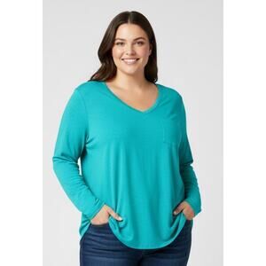 Ana Women 1x Teal Cotton Slub Lightweight Pocket Long Sleeve Classic T-shirt